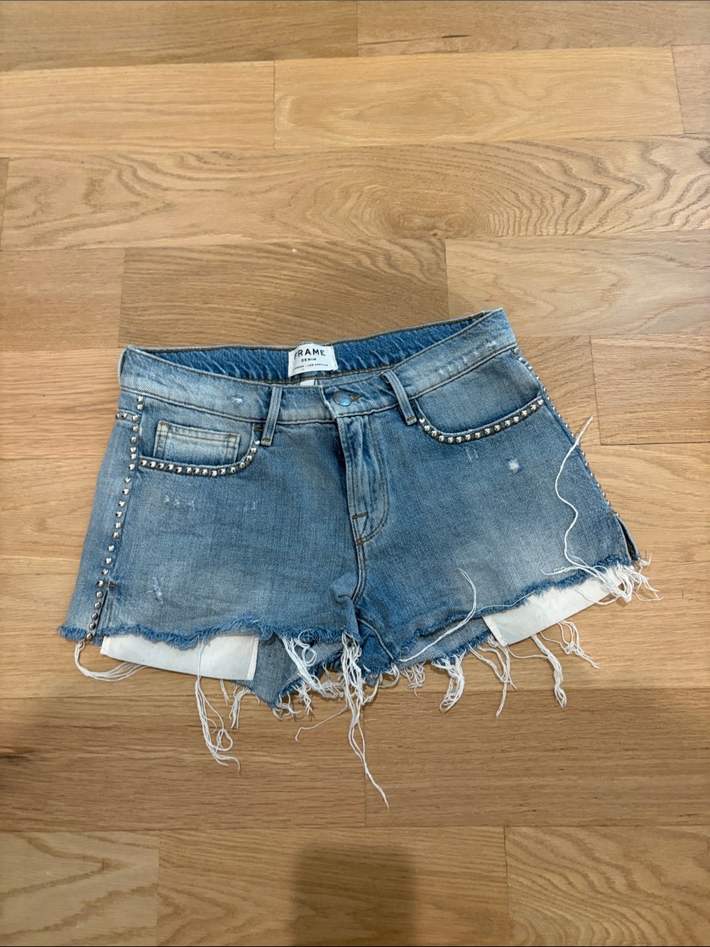 Frame Denim Blue Distressed Studded Cutoff Shorts
